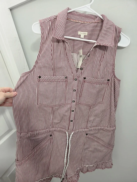 Pilcro by Anthropologie Sleeveless Denim Drawstring Romper in a railroad stripe - Picture 3 of 6